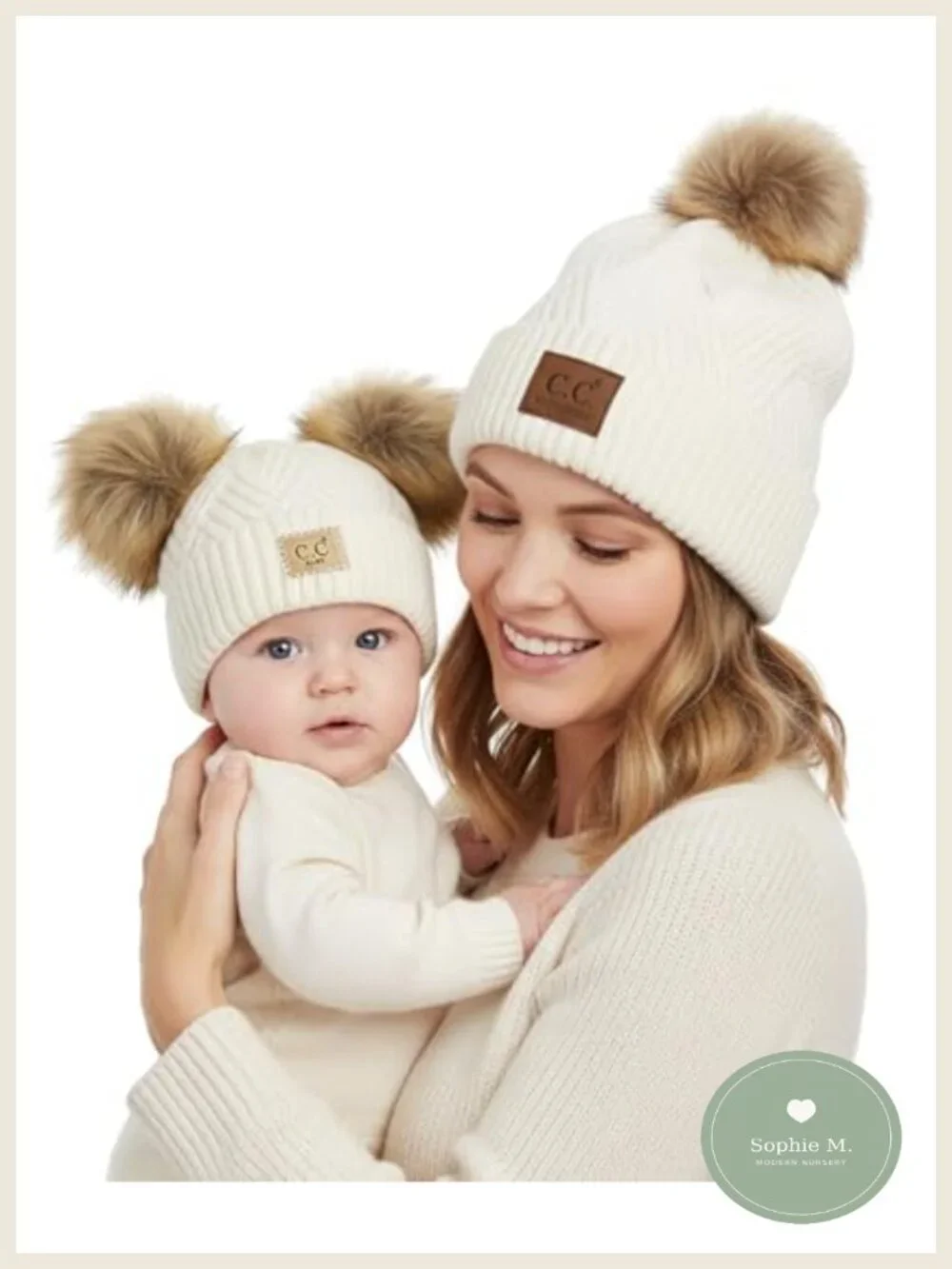 Mommy & Me Double Pom Beanie Hat Set Matching Knit Winter Hats for Mom & Baby